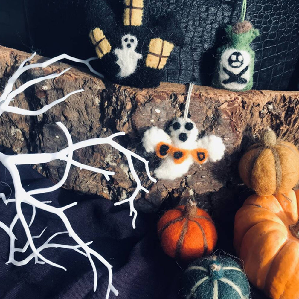 Set of 4 Handmade Felt Hanging Decoration for Halloween | Witch Themed | Fairtrade Felt