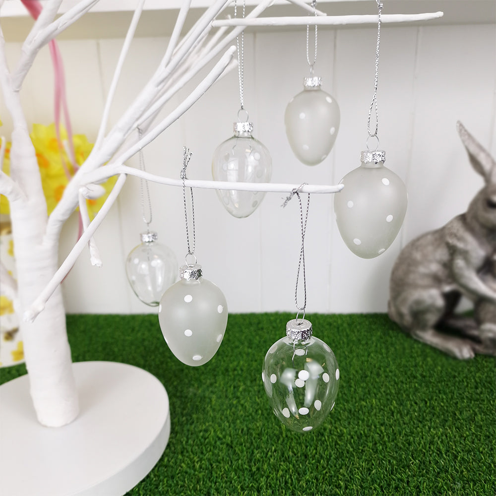 6 Pretty White Spotty Dotty Easter Tree Decorations | 6cm | Glass | Gisela Graham