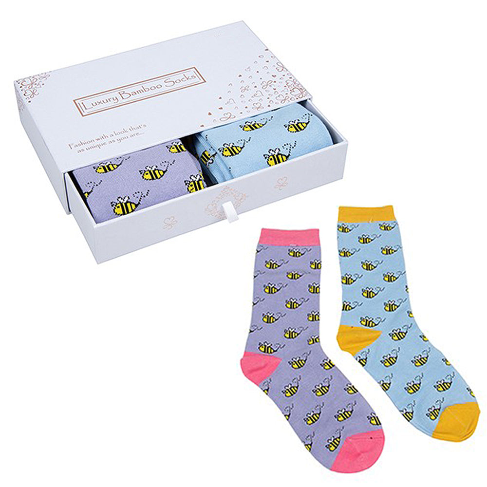 Cute Buzzy Bees | Twin Pack | Boxed Luxury Bamboo Socks | Ladies | One Size