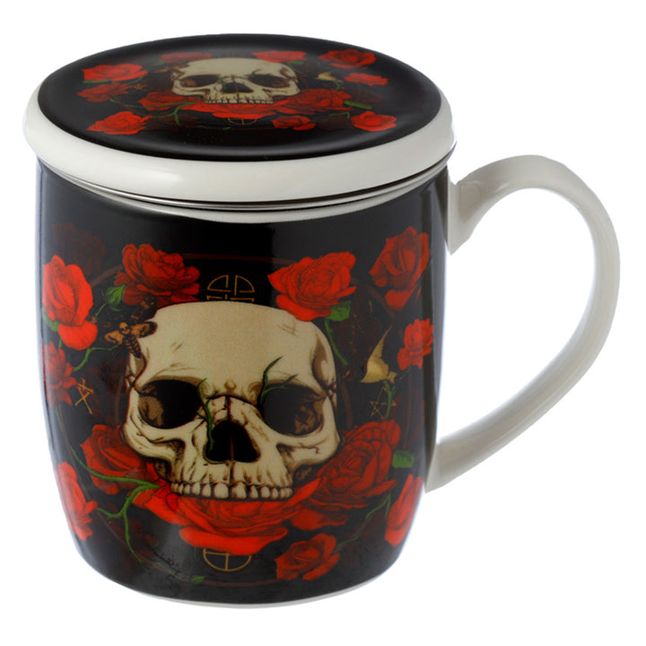 Skulls and Roses | Gothic Gift | Porcelain Infuser Mug Set with Lid