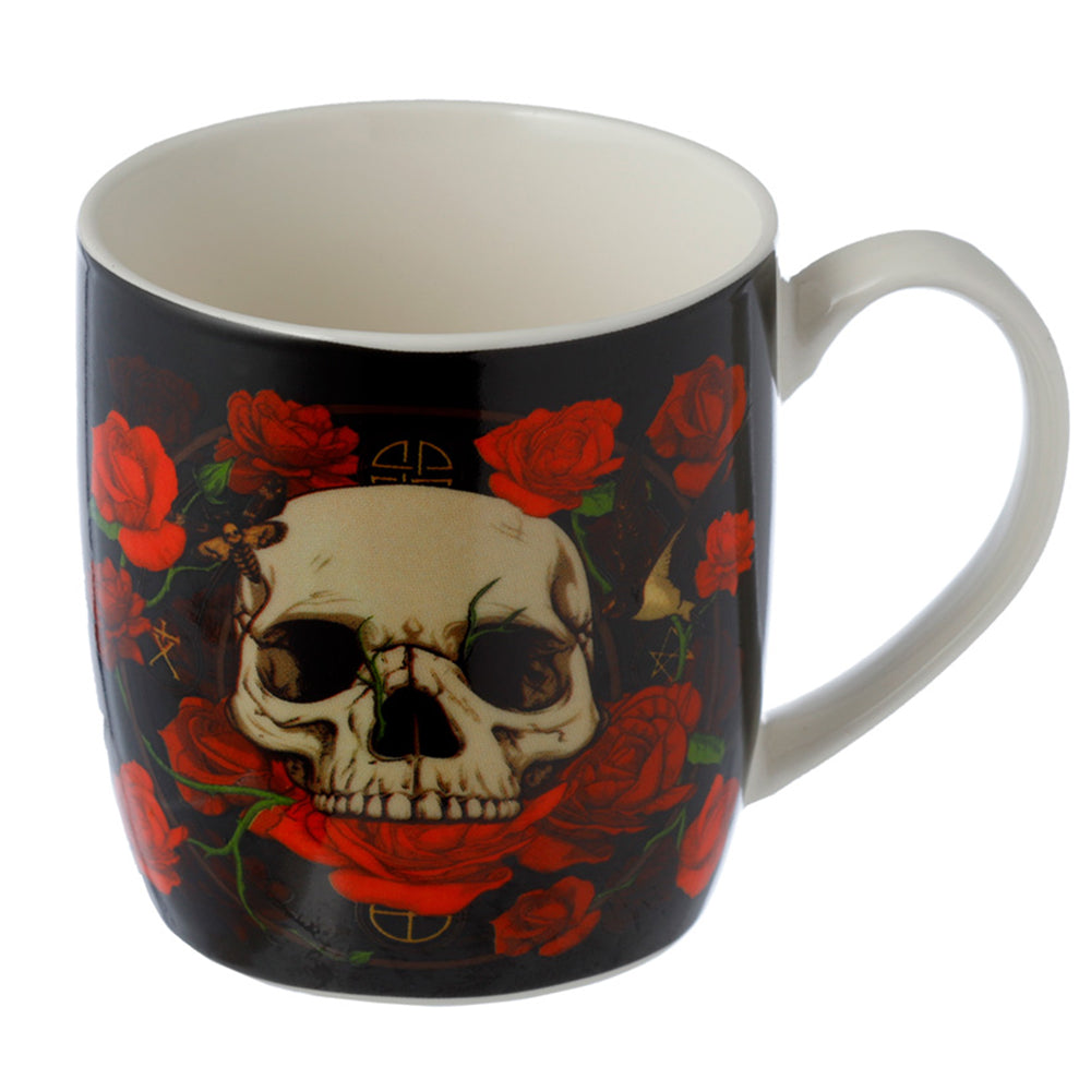 Skulls and Roses | Gothic Gift | Porcelain Infuser Mug Set with Lid