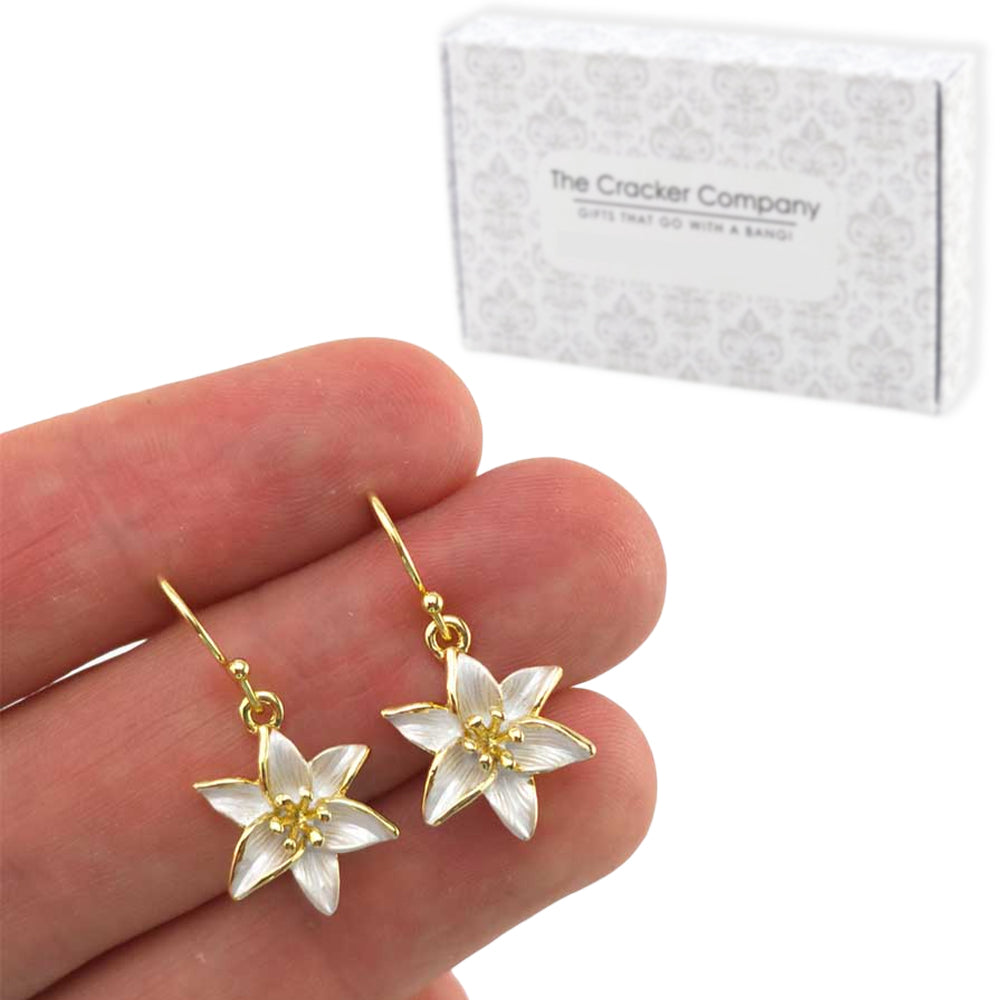 White Lily | Gold Tone Drop Earrings | Little Gift | Cracker Filler