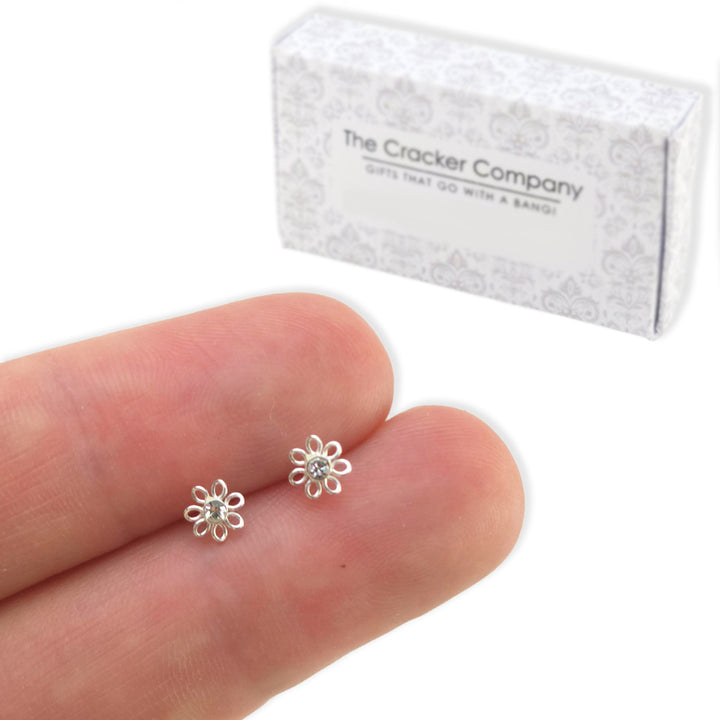 Dainty Sterling Silver Flower & Rhinestone Stud Earrings |  Cracker Filler Gift