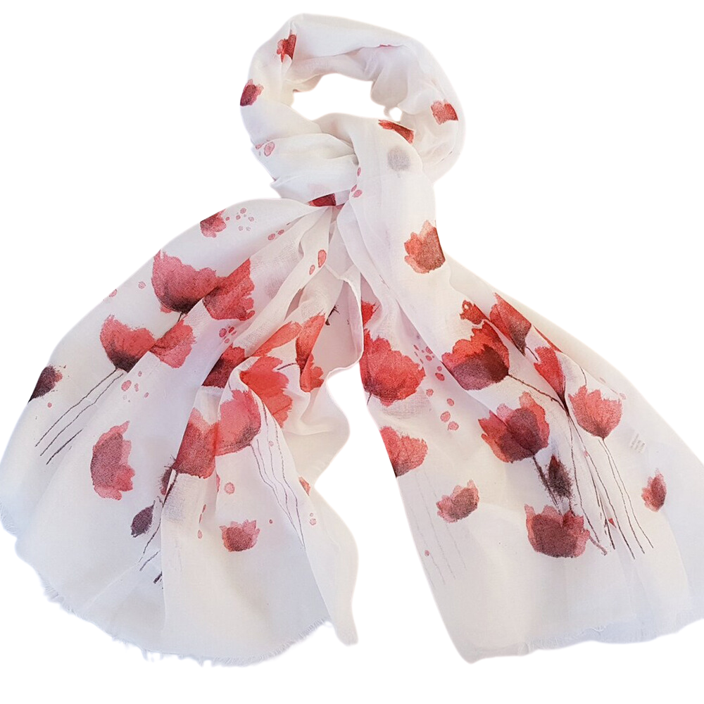 Poppies | Red & White | Ladies Lightweight Scarf | 70cm x 180cm | Gift Idea