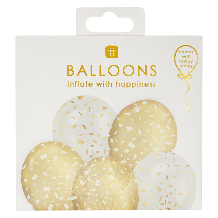 5 Gold & White Confetti Print Balloons | With Paper String | 30cm Latex
