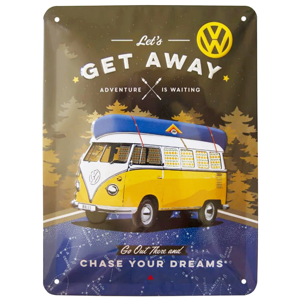 VW Bulli - Let's Get Away Night | Embossed Tin Sign | 20cm x 15cm