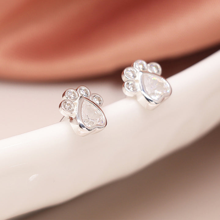 Sterling Silver Crystal Paw Print Stud Earrings | Mini Gift | Cracker Filler