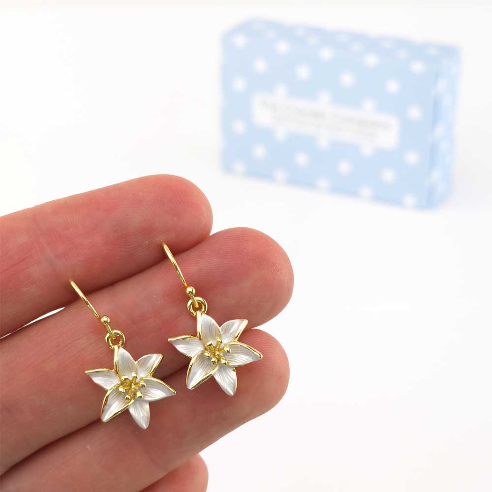 White Lily | Gold Tone Drop Earrings | Little Gift | Cracker Filler