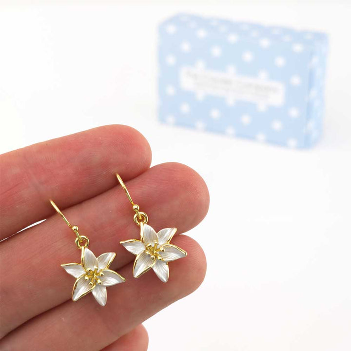 White Lily | Gold Tone Drop Earrings | Little Gift | Cracker Filler