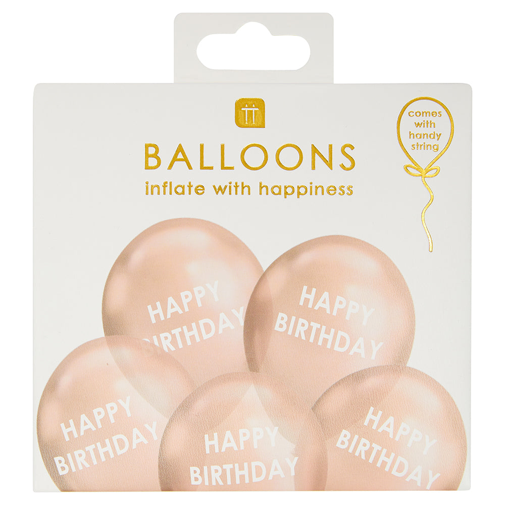 5 Rose Gold Happy Birthday Print Balloons | With Paper String | 30cm Latex