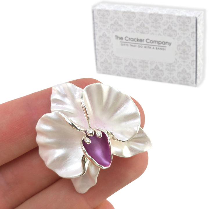 Lilac-White Orchid Brooch | 4cm Tall | Little Gift for Ladies | Cracker Filler