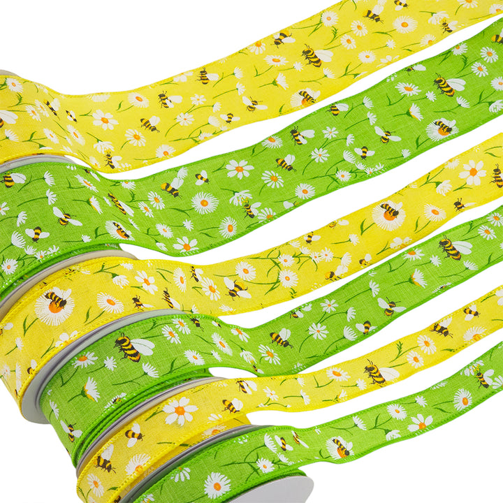 Bees &amp; Daisies | Wired Edge Hessian Style Ribbon | 25/38/63mm Wide | 10m Reel