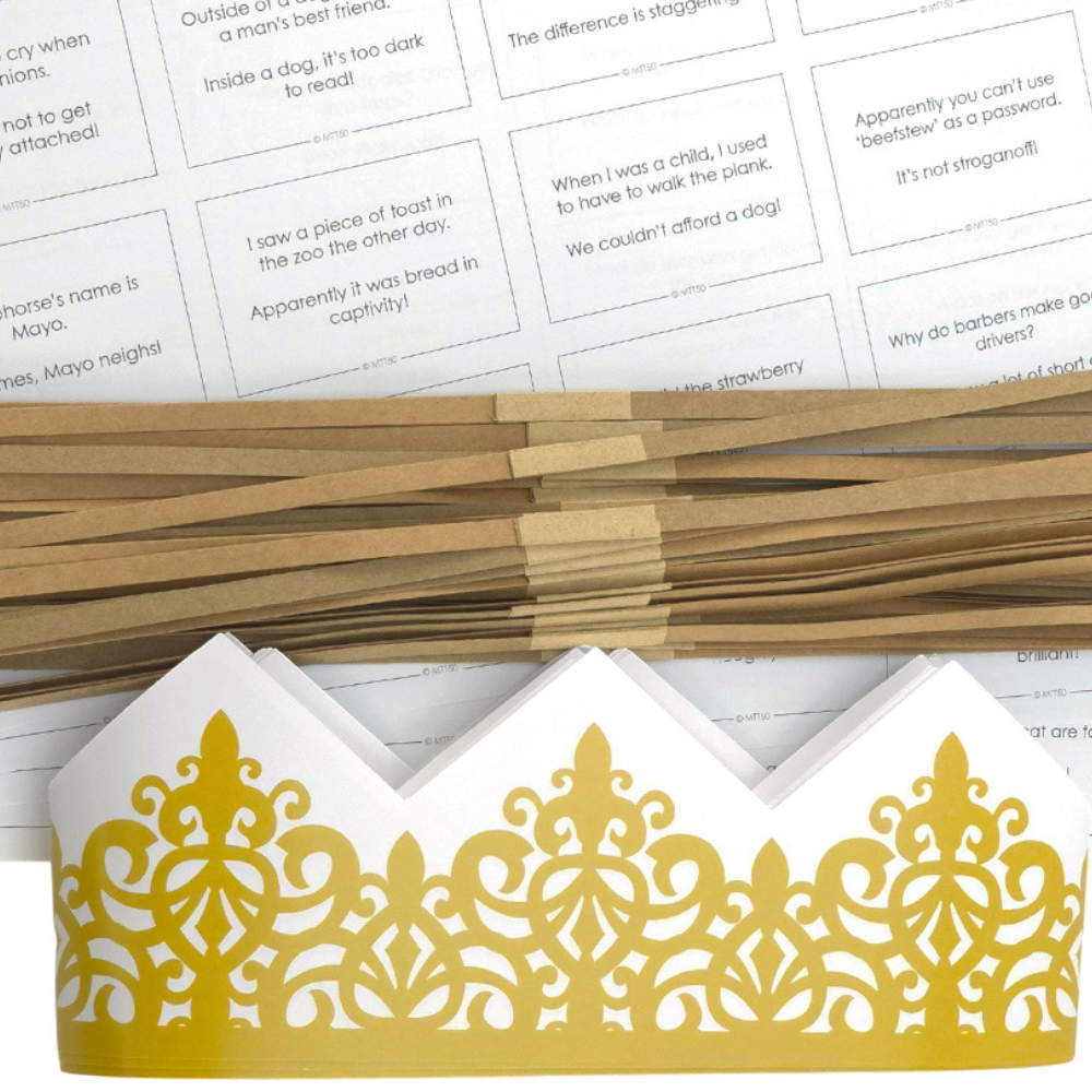 Gold Adjustable Paper Hats, Jokes and Optional Snaps | DIY Cracker Accessory Pack