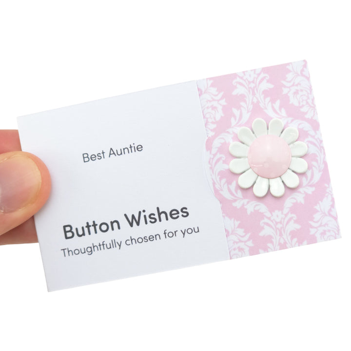 Best Auntie | Pink Daisy | Button Wishes Sew On Token | Cracker Filler