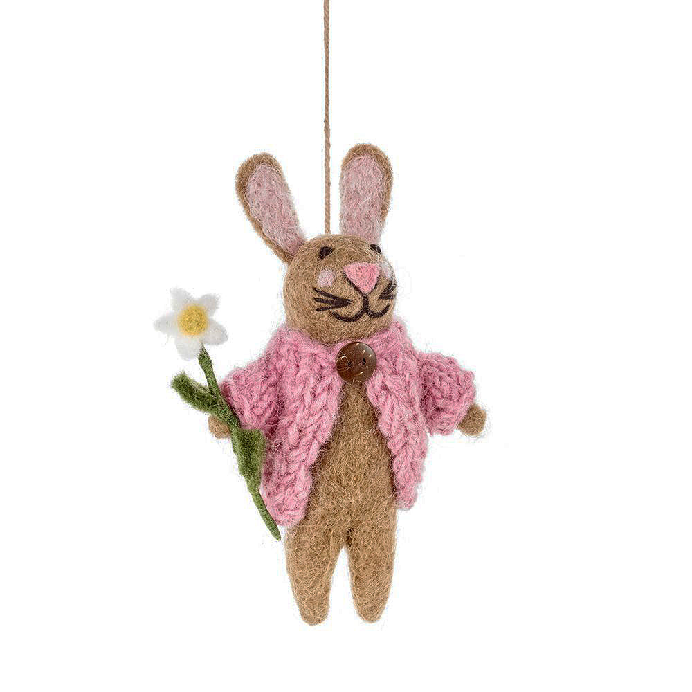 14cm Hand Felted Rabbit in Cardigan and Flower | Hanging Easter Tree Decoration - Fairtrade Felt