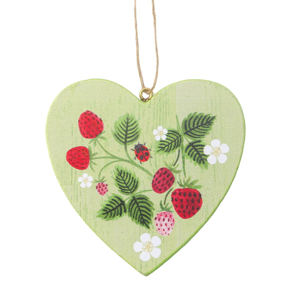 Green Wooden Heart | Strawberries & Ladybird Design | Hanging Ornament