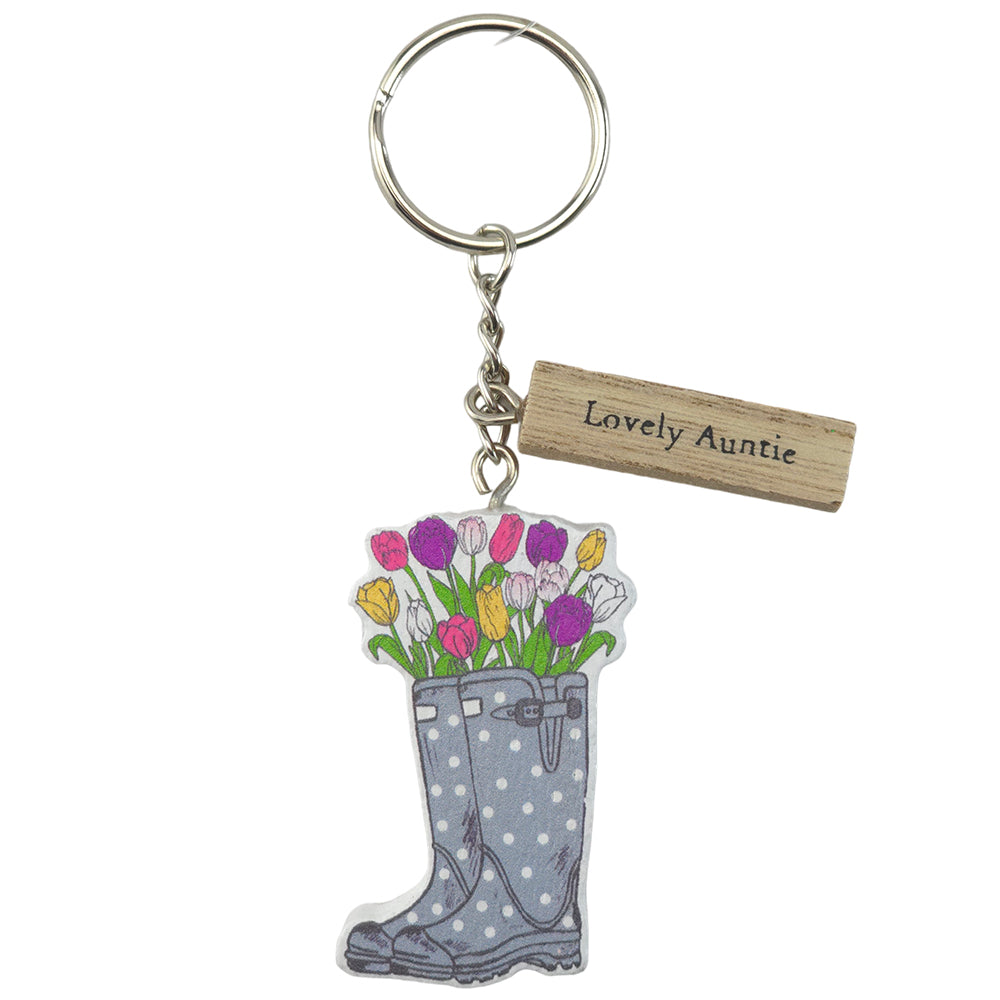 LOVELY AUNTIE | Floral Welly Boot Keyring | Little Gift | Cracker Filler