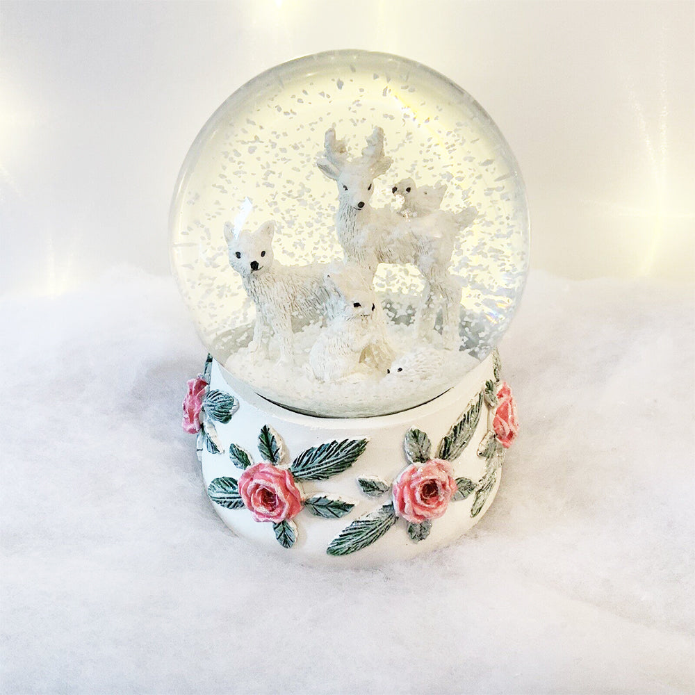 Luxury Gisela Graham Christmas Musical Glass Snow Globe | White Woodland Animals