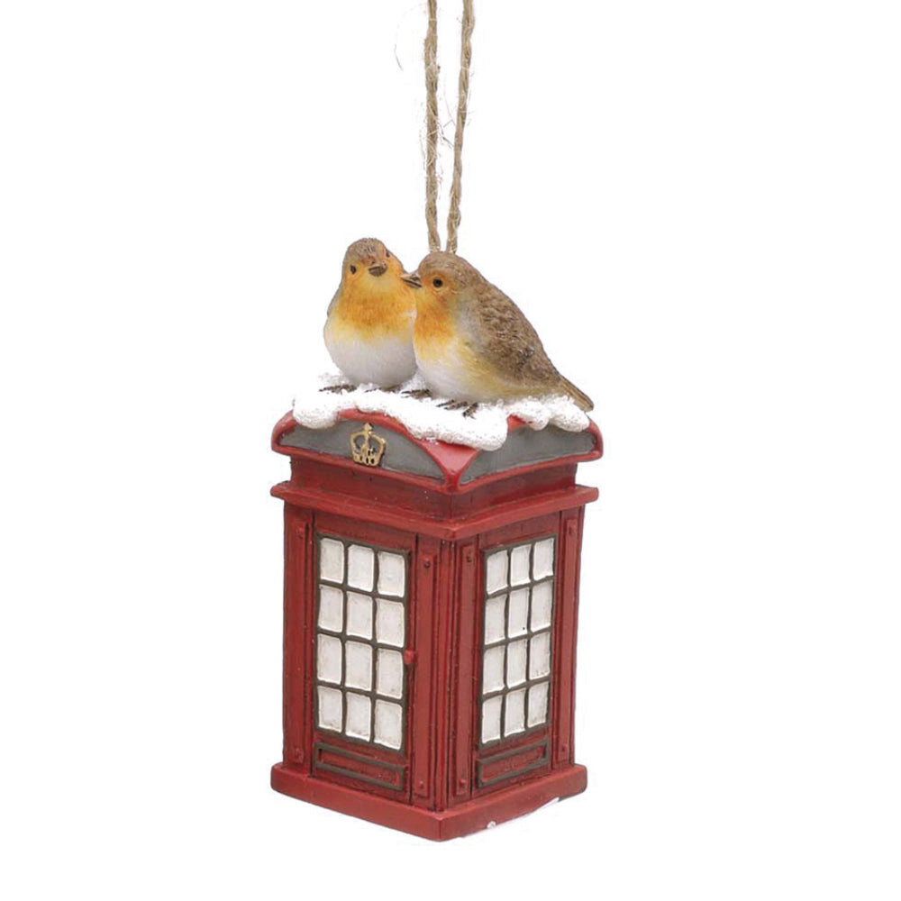 Single 8cm Christmas Robin Hanging Decoration - Telephone Box Design