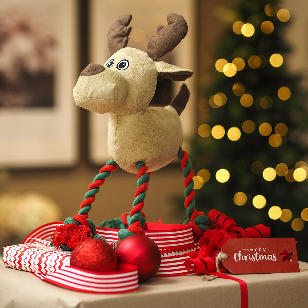 Rudolph Reindeer Squeaky Rope Tugger Plush Christmas Dog Toy - 28cm