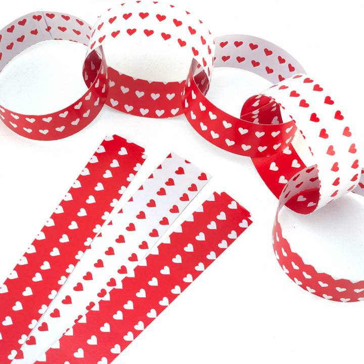30 Reusable Valentines Paper Chains | Red Polka Hearts | No Glue Needed | 2.5m