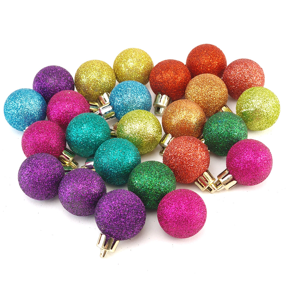 3cm Rainbow Glitter Mini Hanging Baubles | 24Pk | Christmas Tree Decorations