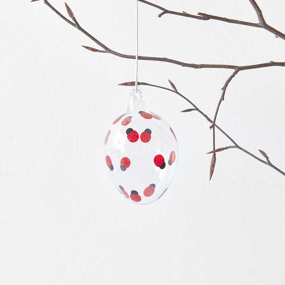 Gorgeous Large Ladybird Print Glass Egg | Hanging Easter Decoration | 9cm Tall