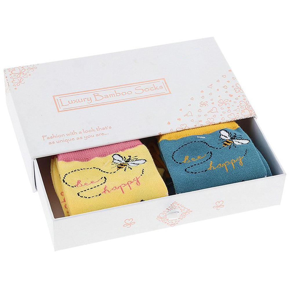 Bee Happy | Twin Pack | Boxed Luxury Bamboo Socks | Ladies | One Size