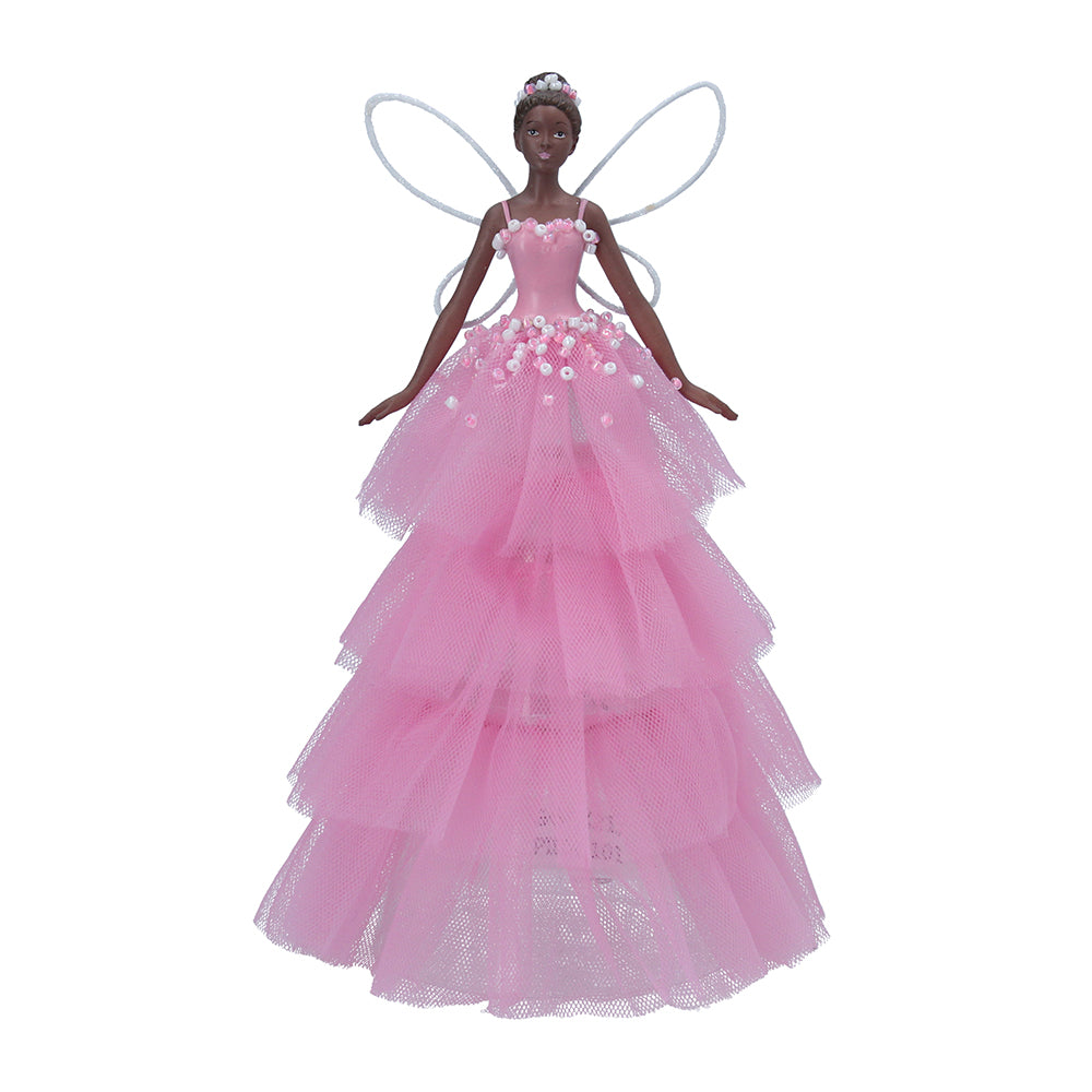 Black Skinned Fairy | Pink Dress | Gisela Graham Christmas Tree Topper | 20cm Tall