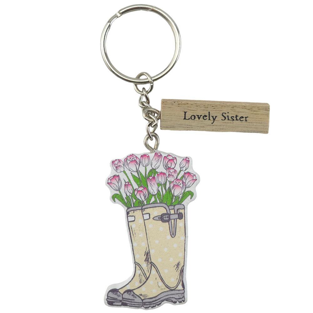 LOVELY SISTER | Floral Welly Boot Keyring | Little Gift | Cracker Filler