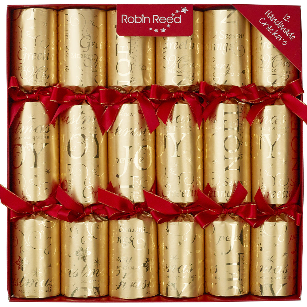 12 Classic Gold Foil Christmas Crackers | 30cm | With Plastic Free Gifts