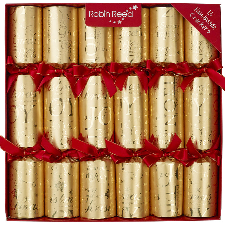 12 Classic Gold Foil Christmas Crackers | 30cm | With Plastic Free Gifts