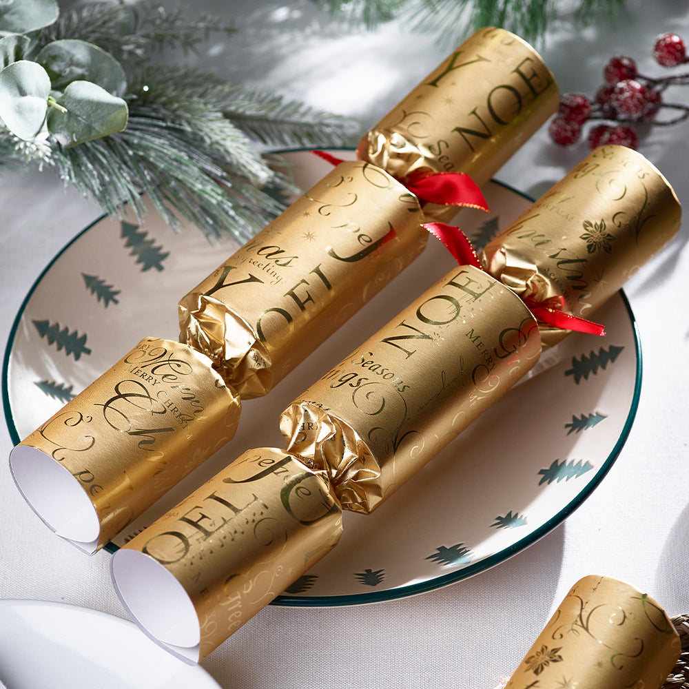 12 Classic Gold Foil Christmas Crackers | 30cm | With Plastic Free Gifts
