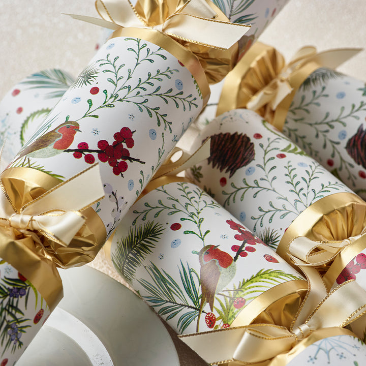 6 Festive Robin Luxury Christmas Crackers | 35cm | With Non-Plastic Gifts
