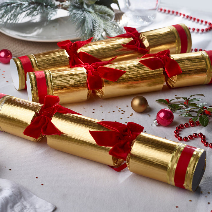 6 Festive Red &amp; Gold Luxury Christmas Crackers | 34cm | Non-Plastic Gifts