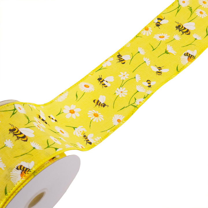 Bees &amp; Daisies | Wired Edge Hessian Style Ribbon | 25/38/63mm Wide | 10m Reel