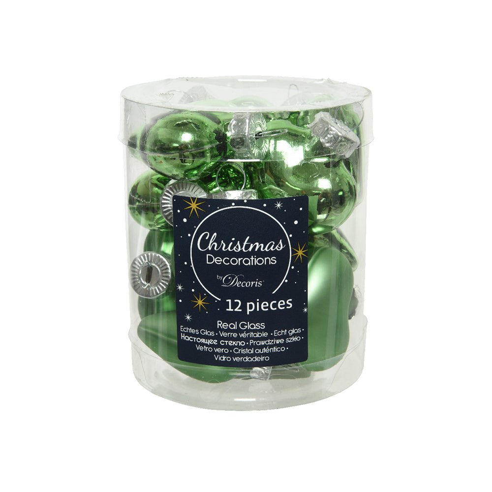 4cm 12 Glass Mistletoe Green Heart Shaped Baubles | Christmas Tree Decorations