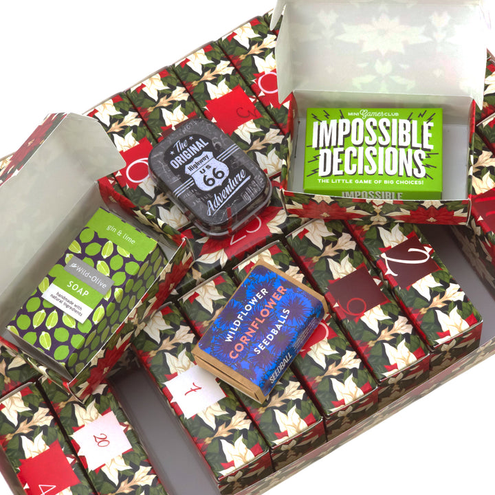 Personalised Advent Calendar Making Kit | Cube or Soap Box Style | Abstract Poinsettia