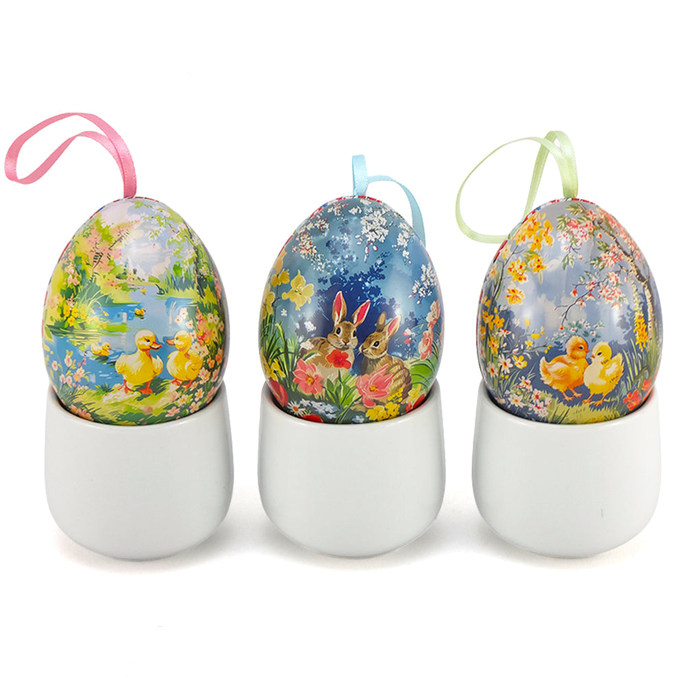 Vintage Style Two Part Hanging Tin Eggs | Fillable Easter Tree Decorations | 7cm