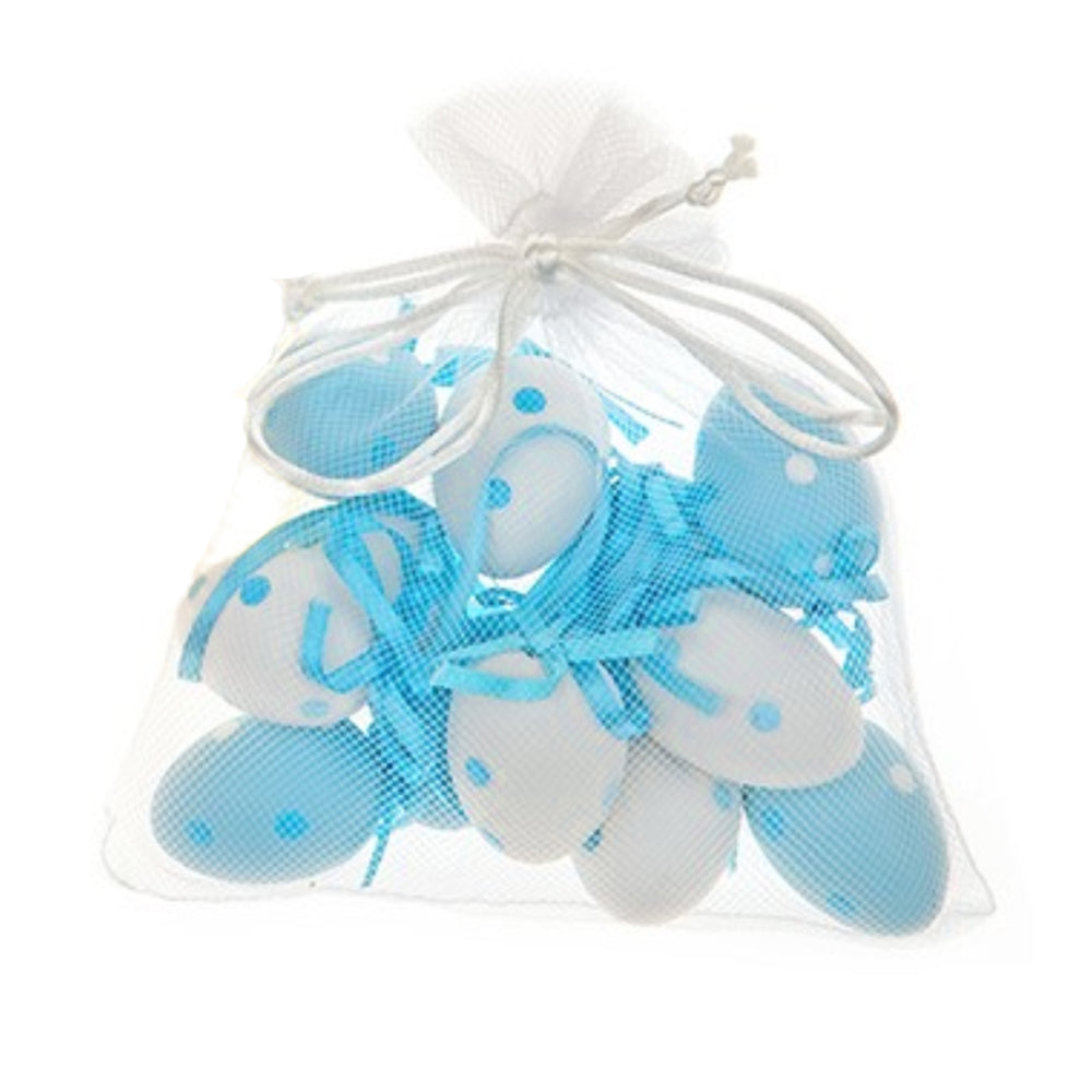 12 Hanging Blue and White Polka Dot 4cm Plastic Eggs for Easter Trees