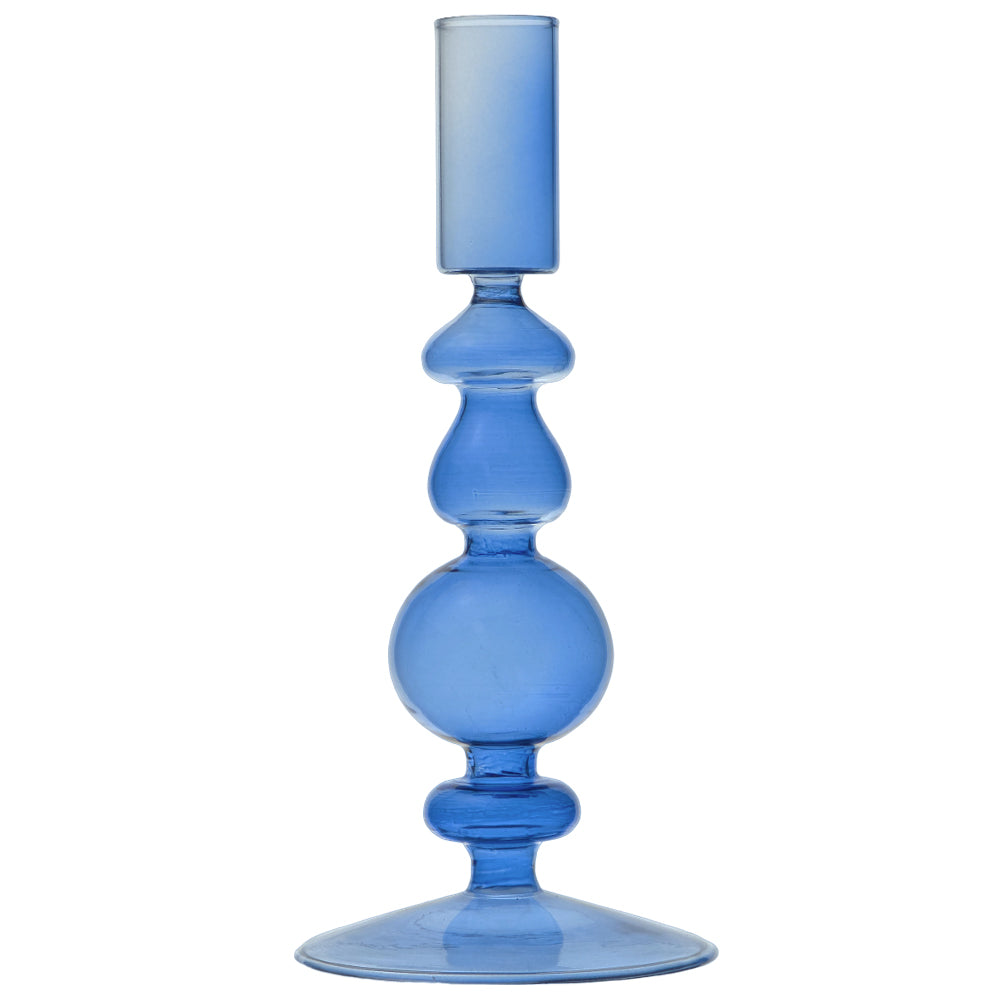 Mid Blue Glass Candlestick | 19cm Tall | Retro Boho Style | Gisela Graham