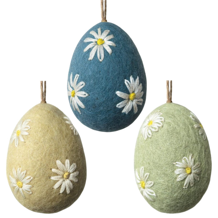Felt &amp; Embroidered Daisy Egg Ornament | Hanging Easter Tree Decoration