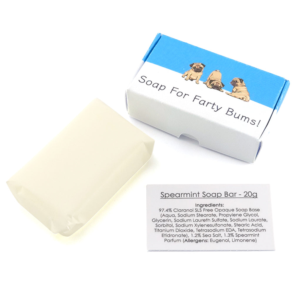Soap for Farty Bums! | Cute Pugs | Spearmint 20g Travel Soap Bar | Cracker Filler