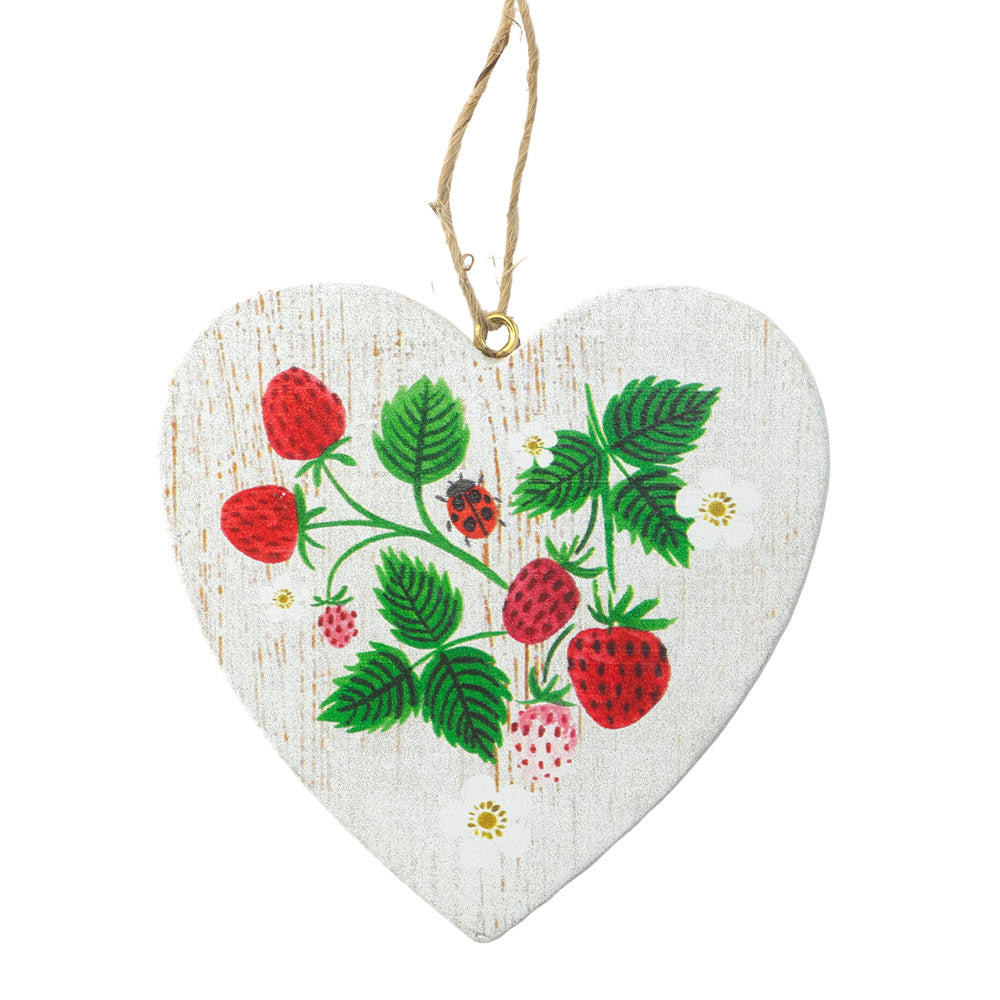 Whitewashed Wooden Heart | Strawberries & Ladybird Design | Hanging Ornament