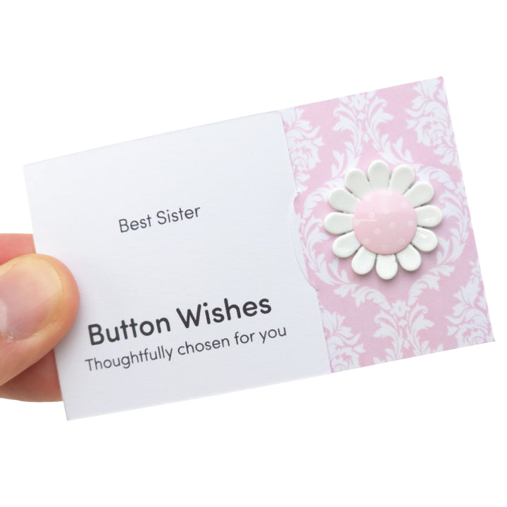 Best Sister | Pink Daisy | Button Wishes Sew On Token | Cracker Filler