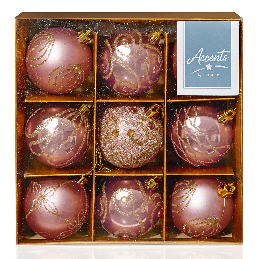 60mm Rose Gold Christmas Baubles | 9 Assorted | Shatterproof Tree Decorations