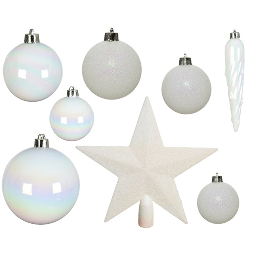33 Piece Shatterproof Christmas Bauble Selection | White Matt & Glitter