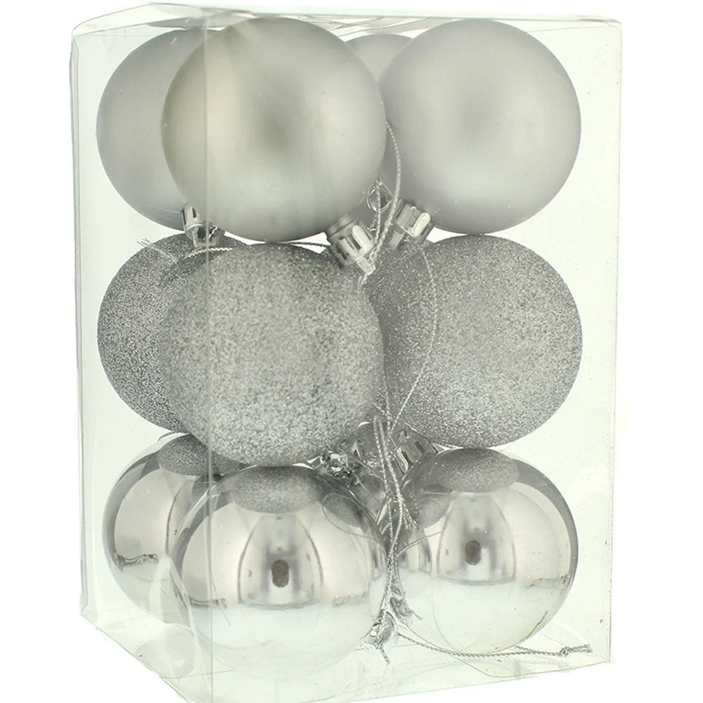 12 Silver Shatterproof Baubles - Christmas Decorations - 6cm