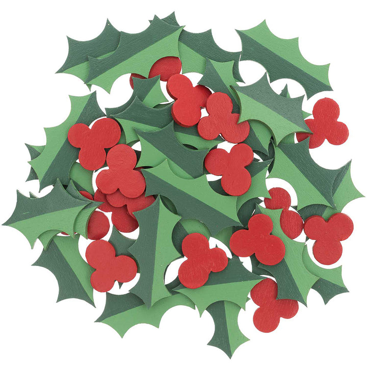 Holly & Berries | Wooden Papercraft Embellishments | 3cm Long | 48 Pieces
