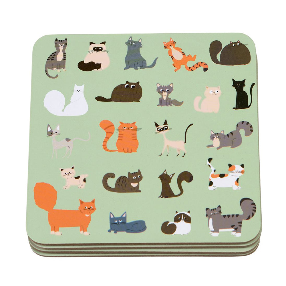 Nine Lives Cat Design Cork Coasters - Set of 4 - 10cm